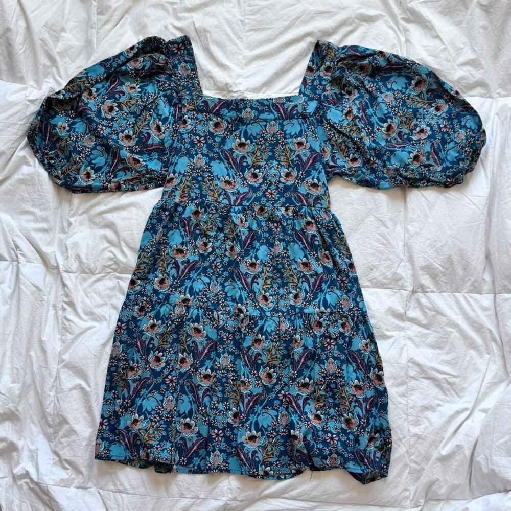 Maurices Teal floral babydoll tiered mini dress sz 0X peasant whimsical boho